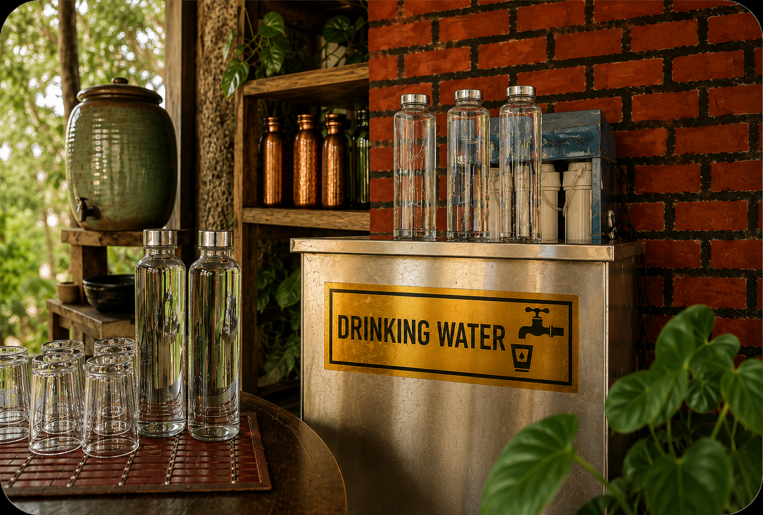 Refillable glass bottles, copper flasks and a drinking water station at Evergreen County