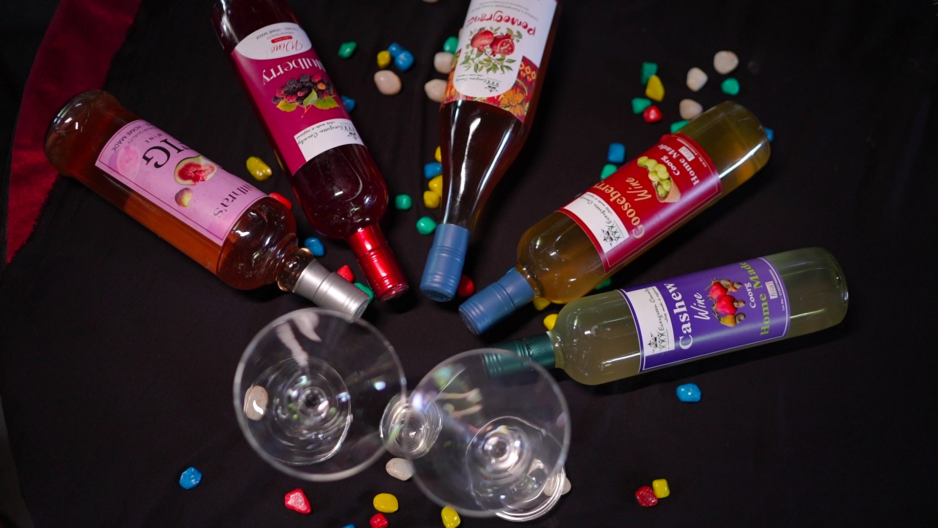 Evergreen County homemade fruit wines — fig, mulberry, pomegranate, gooseberry and cashew