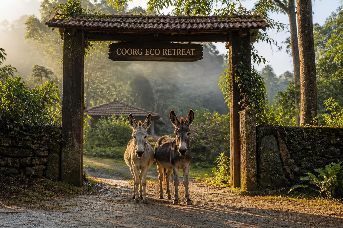 Gentle donkeys welcoming guests at the entrance of Evergreen County