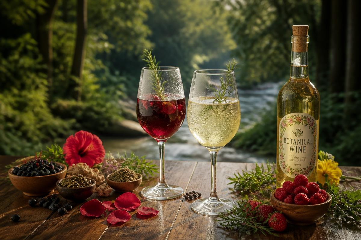 Elegant alcohol-free Healthy botanical wines served in rustic glassware