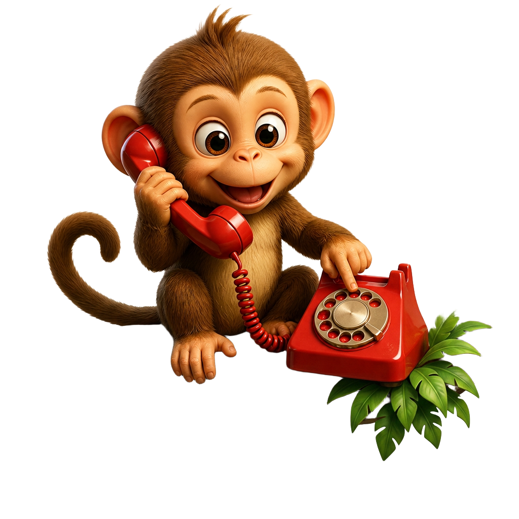 Monkey sitting on a tree branch dialing a red telephone