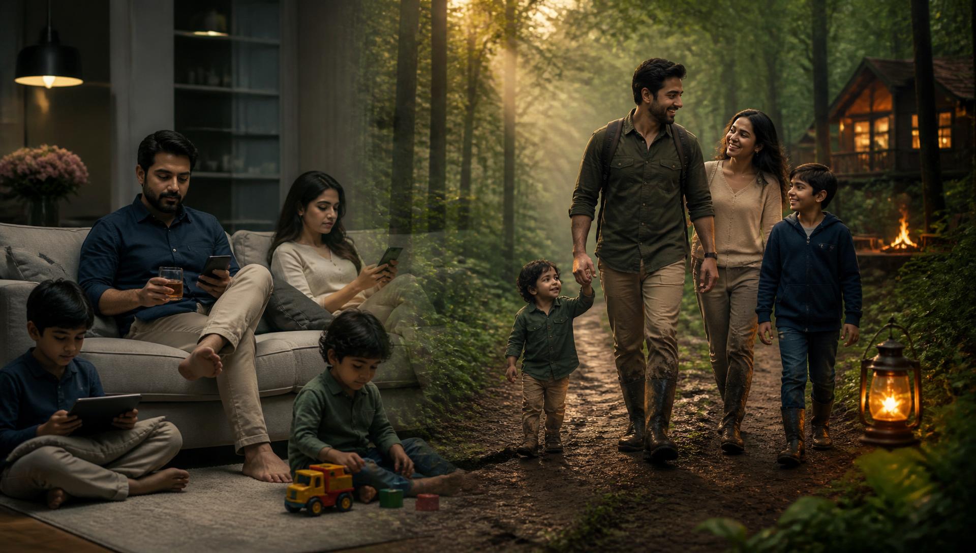 On the left, a distracted evening with a drink in hand; on the right, friends laughing together around a forest campfire