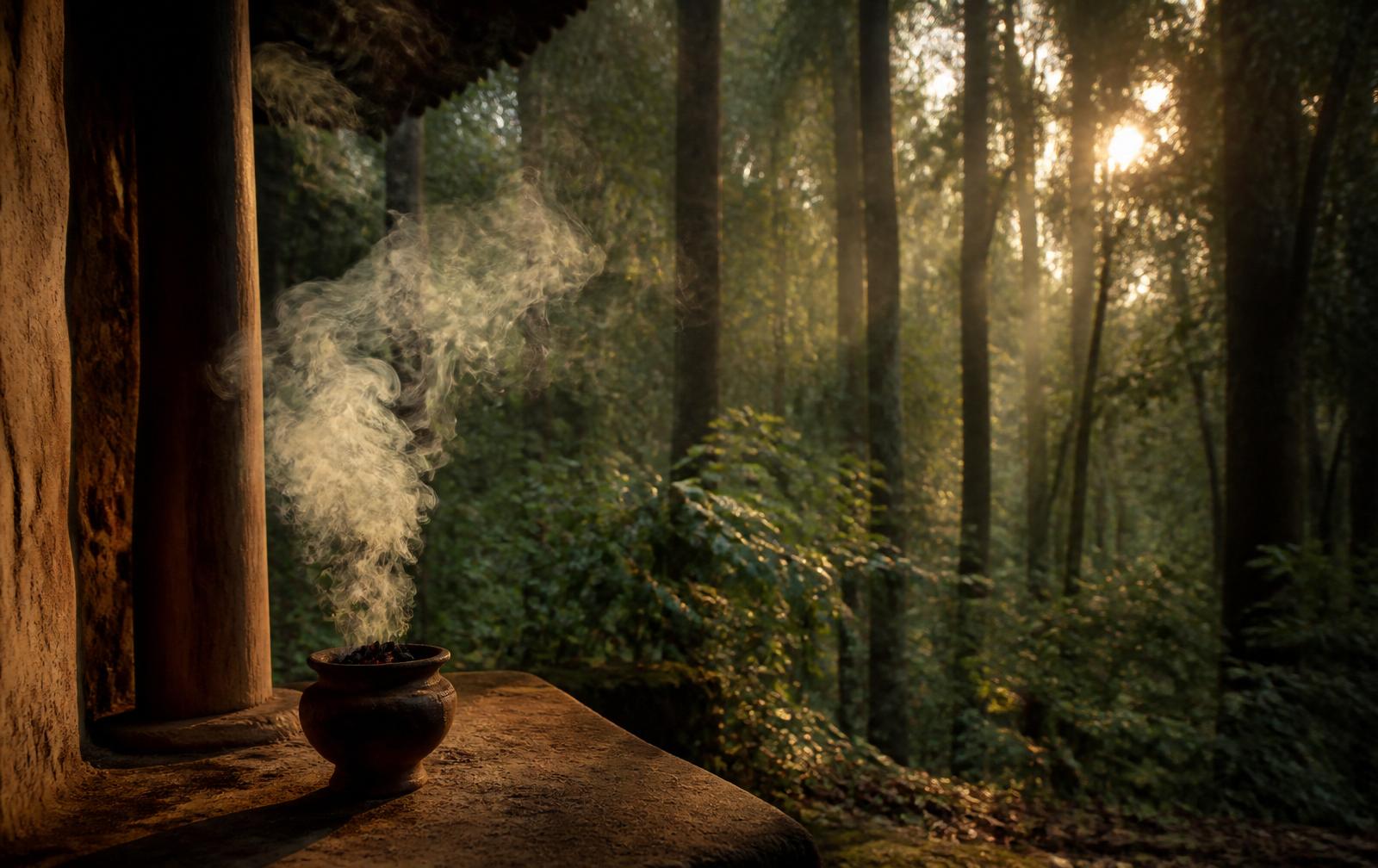 Traditional Sambrani smoke gently drifting through the retreat