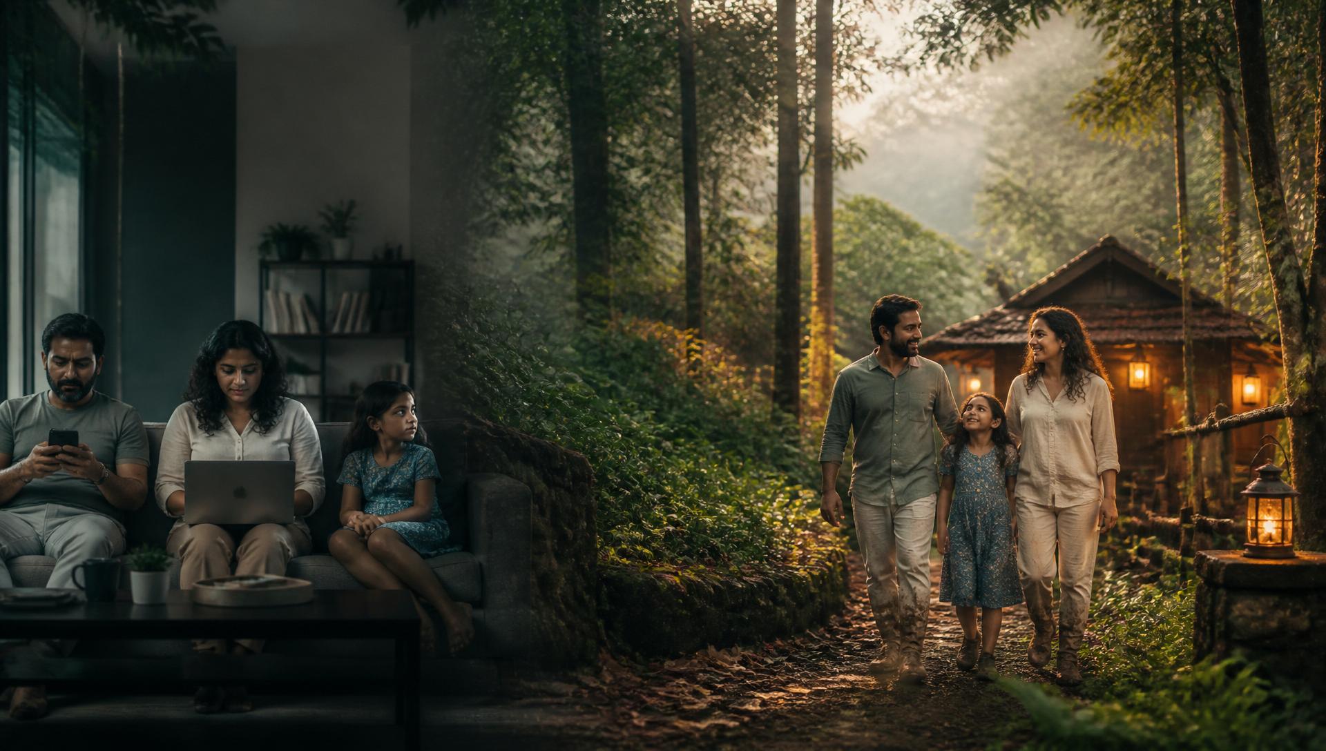 A family moves from screen-lit distraction into the warm green forests of Coorg