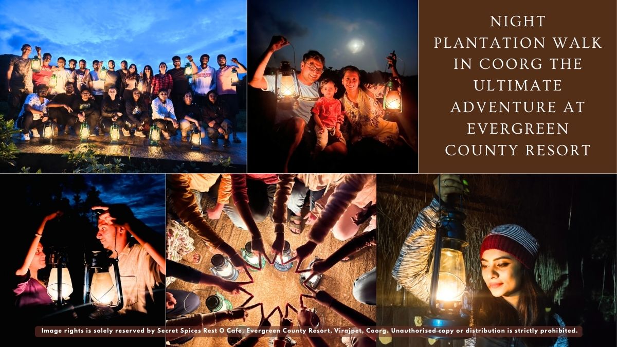 A collage of guests holding lanterns during a guided Night Plantation Walk, a unique adventure activity at Evergreen County Resort in Coorg.