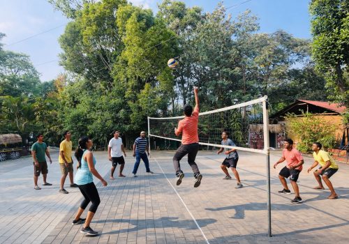 A group of people playing volleyball on a paved outdoor court surrounded by lush green trees at Evergreen County.