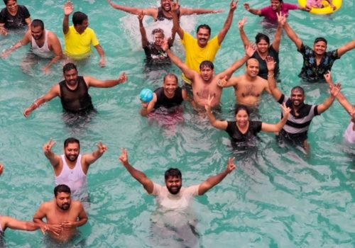 A large group of guests enjoying a fun session in the swimming pool at Evergreen County resort.